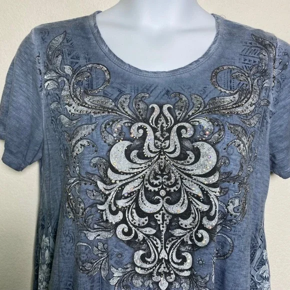 Vocal Womens Blue Embellished Tunic Shirt Top Size XL Made in USA Y2K Boho Siren - Picture 9 of 12